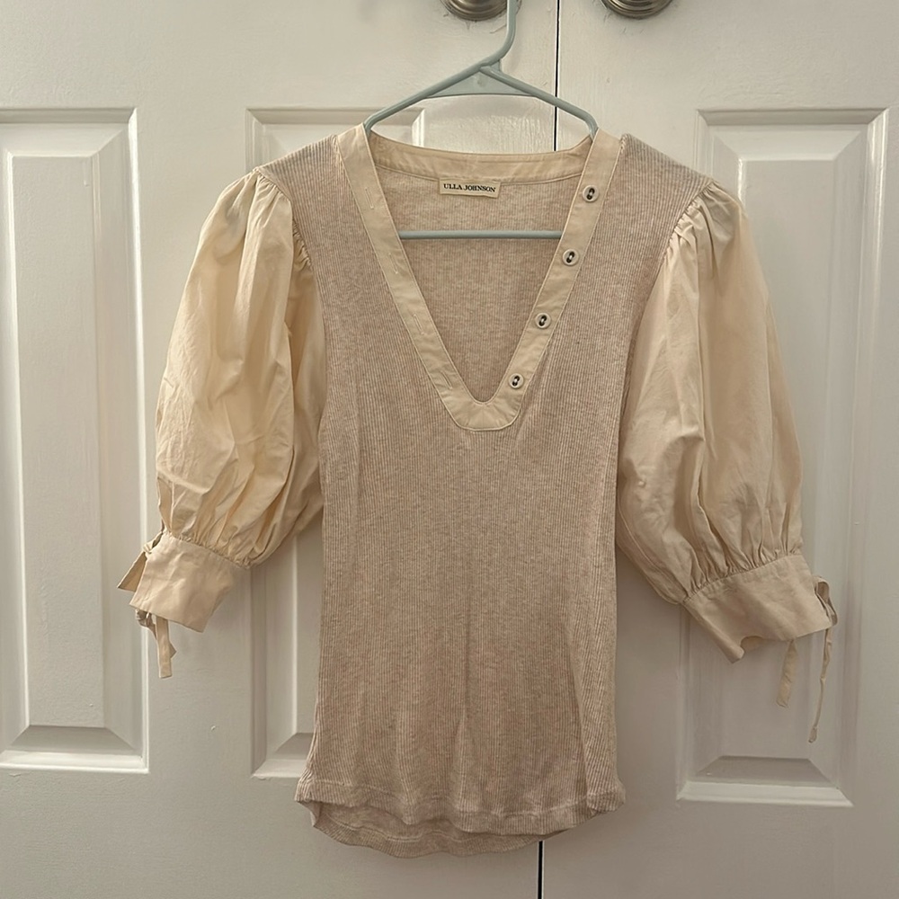 Ulla Johnson Petite Short Sleeve Tie Puff Sleeve Blouse